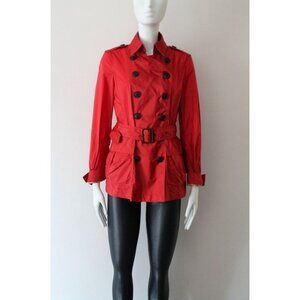 Burberry Brit Military Red Nylon Belted Double Breasted Trench Jacket Size 6